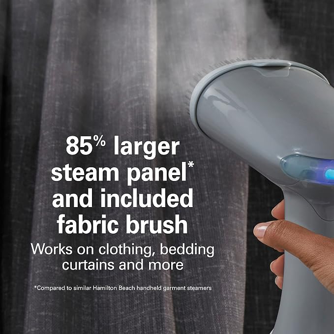 Hamilton Beach Handheld Travel Steamer for Clothes, Fabric and Drapes | Light and Handheld |Fast Heatup With 1200 Watts | 400ml Water Tank For 20 Minutes of Continuous Steam | Gray & Blue | 11557