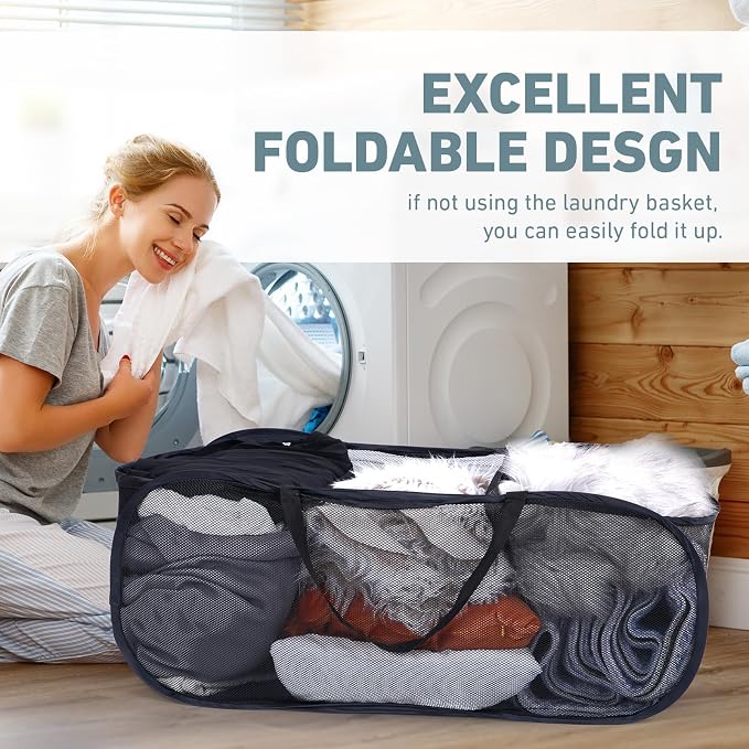 2 Pieces Up Laundry Hamper, 3 Compartment Collapsible Mesh up Laundry Basket, Collapsible Mesh Laundry Baskets for Family College Dorm Hoom Dirt Clothes Bin with Handle