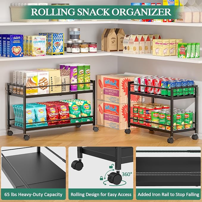 2 Pack 2-Tier Expandable Rolling Pantry Cart with Wheels, Adjustable Floor Organizer for Kitchen Pantry, Can Organizer for Pantry, Storage Cart for Snack, Food, Vegetables, Black, Patent Pending
