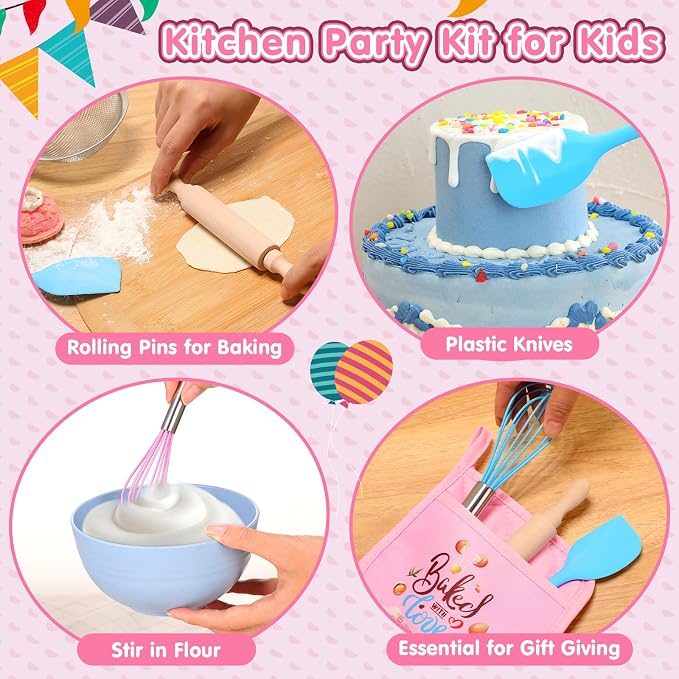 RoundFunny 48 Pcs Kids Mini Baking Supplies with Kitchen Utensil, Pot Holders, Spatula, Rolling Pin, Whisk for Kids Classroom School Exchange Party Favors (Medium)