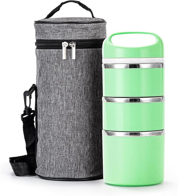 Lille Home Stackable Stainless Steel Thermal Compartment Lunch/Snack Box, 3-Tier Insulated Bento/Food Container with Lunch Bag and Three Extra Seals, 43OZ (Green)