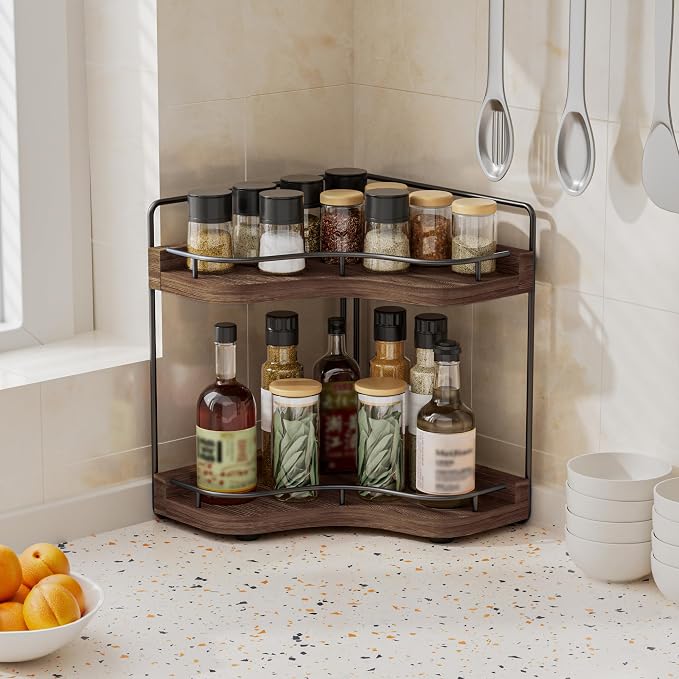 2-Tier Corner Bathroom Counter Organizer, Larger Size | Embedded Screw Holes, Sturdy & Stable, Oversized, Holds More, Vanity Shelf for Makeup & Skincare, Dark Brown