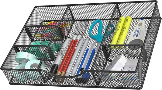 VyGrow Desk Drawer Organizer Tray, Metal Mesh Drawer Organizers Office, 6 Adjustable Compartment, Desk Organizer Tray for Home Office 12 x 8.26 x 1.96 inch, Black, 1 Pack