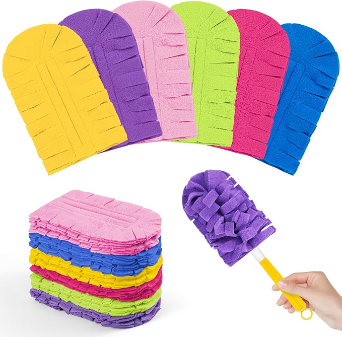12 PCS Microfiber Reusable Duster Refills for Swiffer Duster | Washable Fleece Pads with 1 Handle, 360° Multi-surface Dusters, Heavy Duty Duster Refills, Wet & Dry Use, Rainbow Colors