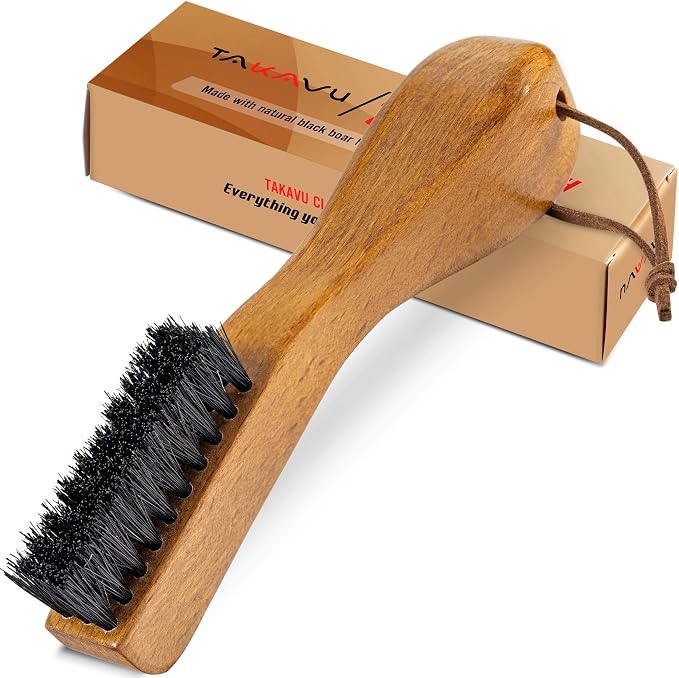 TAKAVU Laundry Stain Brush 1pcs, Soft Black Boar Bristles | Clothes Cleaning Scrubber, Stain Remover for Shirts, Collars, Cuffs & Shoes, Curved Beech Wood Handle with Hanging Loop