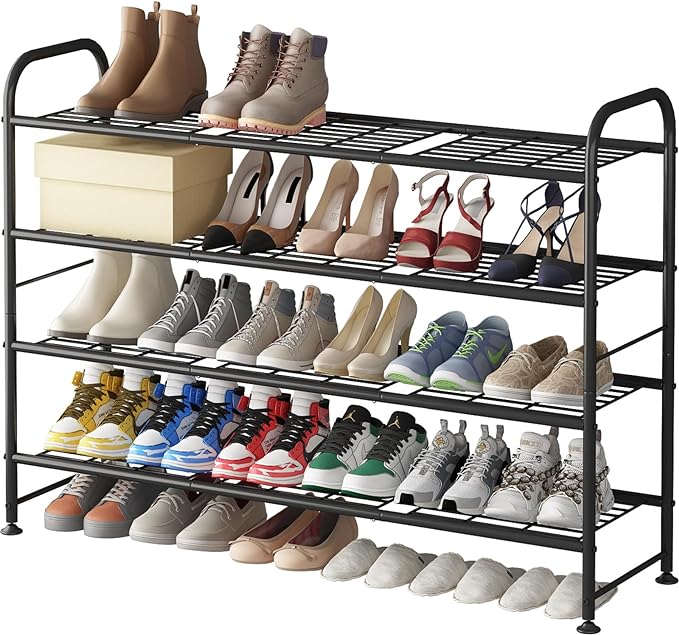 LINZINAR 4 Tier Long Shoe Rack for Closet Metal Shoe Organizer for Entryway | Spacious design stores 25+ pairs of shoes,durable metal frame,space-saving organizer for closet, hallway, and Entryway Black