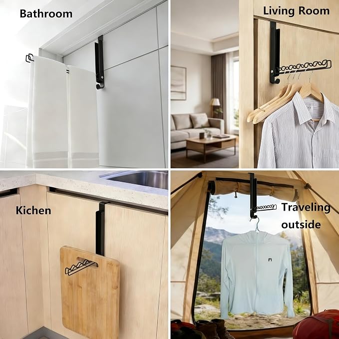 Over The Door Hooks, Folding Portable Over The Door Drying Rack for Small Space, Laundry Bathroom Bedroom Closet Travel Storage and Drying (1Pack, Black)
