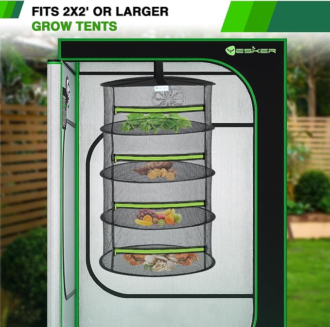 Yesker 4 Layer Herb Drying Rack Hanging Mesh Net Foldable Plant Drying Racks 24" w Green Zipper Pruning Shears Hook Dryer Hanging Rack for Herbs Seed Bud Fruit Clothes Grow Tent Closets Garden Outdoor