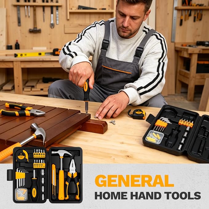 DEKOPRO 94 Piece Tool Set Household DIY Tool Kit for Men with Storage Toolbox, Small Basic Hand Tool Box Set for Home Repair, DIY, Apartment, Office, Orange