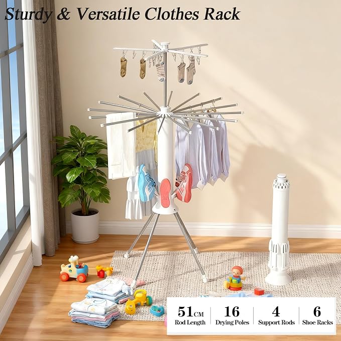 2 Layer Foldable Octopus Clothes Drying Rack Aluminum 16 Poles | Four Legged Laundry Drying Rack,Portable Dry Rack with 4 Pulleys Garment Rack,Indoor Outdoor Courtyard Double Layer