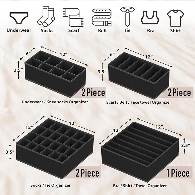 Simple Houseware Closet Underwear Organizer Drawer Divider Assorted 7 pcs | Black