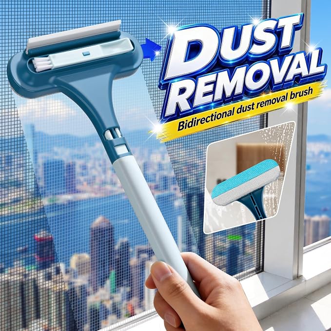 3-in-1 Screen Cleaning Brush with Squeegee - Window Mesh Cleaner & Pet Hair Remover for Couch, Multi-Use Crevice Tool for Patio and Porch Screens (Cyan Blue)