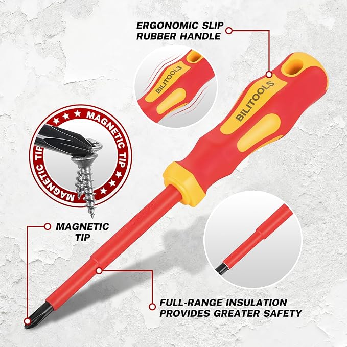 BILITOOLS 12-Piece 1000V VDE Insulated Screwdriver and Pliers Set | Magnetic Slotted and Phillips Tips, Insulated Long Nose, Combination, Diagonal and Water Pump Pliers, Voltage Tester