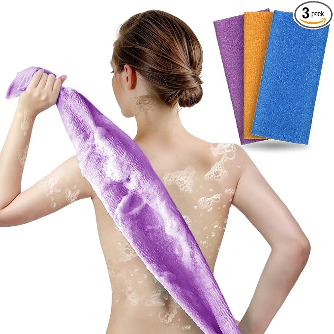 ARCH&M Exfoliating Washcloth, Korean & Japanese Style, 3 Pack | Orange Purple Navy-Blue, Nylon Back Scrubber, Daily Use Deep Clean & Smooth Skin, More Hygienic Than Loofah