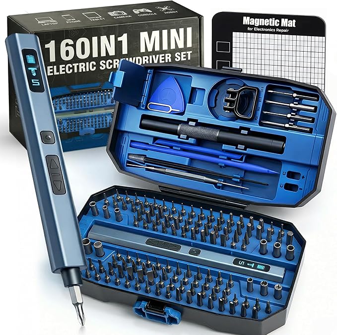 160 in 1 Mini Electric Screwdriver Set: Cordless Precision Power Tool Kit | 140 S2 Magnetic Bits, 5 Torque Settings, 4 LED Lights, Storage Case, PC Electronics Repair, Men's Tech Gift