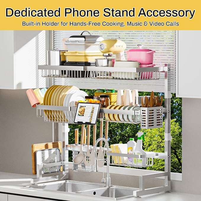ADBIU Luxurious 304 Stainless Steel Over Sink Dish Drying Rack (Suitable for Sink Length 26.3"- 37.4") Snap-On Design 2 Tier Large Kitchen Dish Rack Stainless Steel Counter Organization and Storage