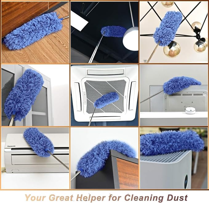 Dusters for Cleaning High Ceiling Fan, Microfiber Feather Duster with 30'' to 100'' Telescoping Extension Pole, Long Extendable Duster for Home Car Furniture Cobweb - Blue