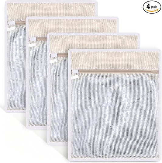 4 Pack Durable Cotton Mesh Laundry Bags for Delicates - 12×16inch Laundry Bags Mesh Wash Bags with Sturdy Zipper for Underwear Bras Socks Clothes Storage Natural Cotton Washing Machine Safe