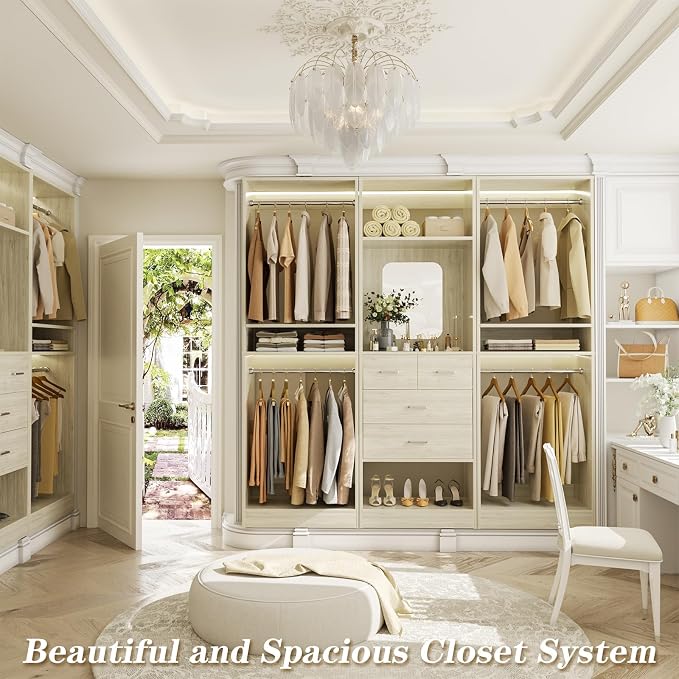 Unikito 75” Closet System with 4 Drawers, 6.3FT Wood Walk in Closet Organizer with Hanging Rods and Mirror, Reversible Large Closet Wardrobe with Shelves, Max Load 2000 LBS, White Oak