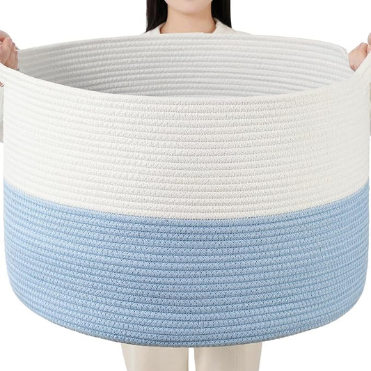 Foldable Laundry Hamper Basket with Collapsible Handle Cotton Rope Soft Woven Fabric Storage Organizer Clothes Toys Nursery Bedroom Dorm Space Saving Bin (White & Blue, 65L(19.7"D x 12.6"H))