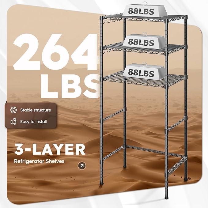 REIBII 3-Tier Mini Fridge Shelf with Storage, 264LBS Metal Shelving with 8 Hooks, Adjustable Height Organizer for Dorm, Kitchen, Apartment & Office, Microwave Rack, 26.38" Wx18.1 Dx65.36 H, Black