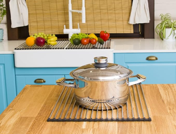 Roll Up Dish Drying Rack 17.7" x 16" - Over The Sink for Kitchen Counter, Foldable SUS304 Stainless Steel Dish Drying Rack for Cups, Utensils, Fruits, Vegetables