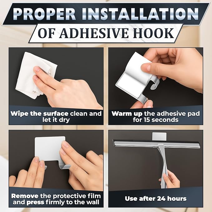 Shower Door Squeegee with Hook - 14" Silicone Blade, Stainless Steel Squeegee for Shower Glass with Adhesive Mount - All-Purpose Bathroom Tile, Mirror, & Window Wiper for Streak-Free Cleaning (Silver)