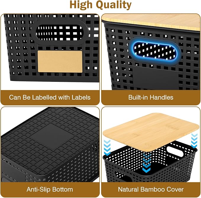 Stackable Storage Basket: Plastic Baskets Bins, Baskets for Organizing, Pantry Decorative Containers for Closets, Cabinets, Shelves(8 Pack, Black)