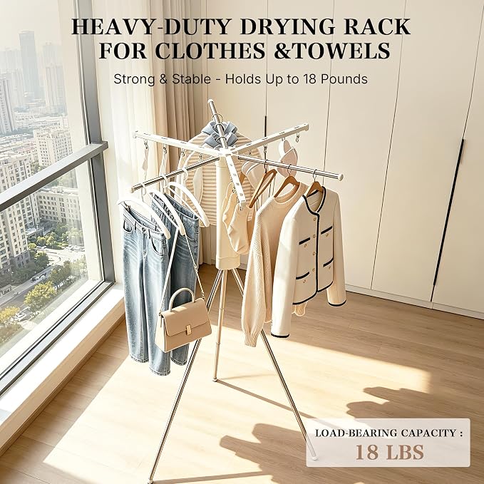 Foldable Clothes Drying Rack, Adjustable Windproof Laundry Drying Rack with Grooves & Clips, Outdoor Clothes Drying Rack Stand for Indoor Outdoor,Travel, Camping, Hotel, RV, Small Apartment