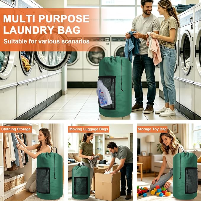 Laundry Bag Backpack Durable Laundry Bag with Shoulder Straps and Mesh Pockets Portable Laundry Hamper Dirty Clothes Bag for College, Travel, Laundromat, Apartment (Green)