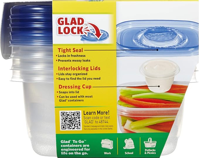 Glad GladWare To Go Snack Food Storage Containers with Lids, Medium Rectangle BPA Free Plastic with Built-In Dressing Cup for Salads and Snacks, Microwave Dishwasher Safe, 24 Oz, 4 Count - 6 Pack