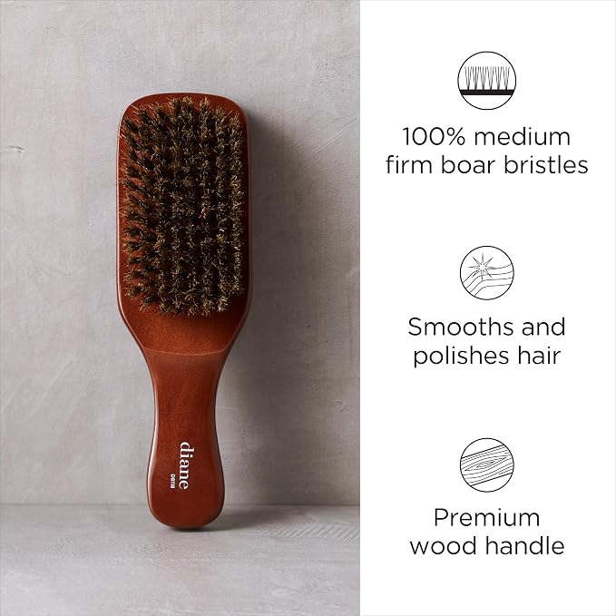 Diane Premium 100% Boar Bristle Club Wave Brush for Men and Barbers – Medium Bristles for Thick Coarse Hair – Use for Detangling, Smoothing, Wave Styles, Soft on Scalp, Restore Shine and Texture