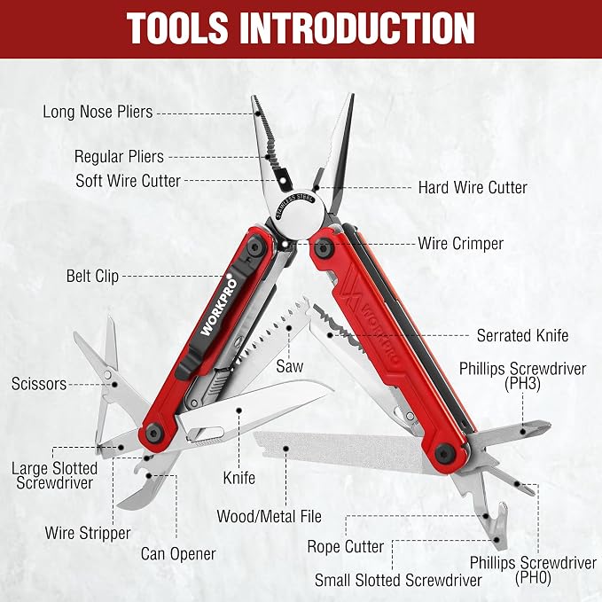 WORKPRO 18-in-1 Multi Tool Pliers Pocket Knife, 2 Safety Locks, EDC, Red | Gifts for Men Dad Women Wife, Stainless Steel Multitool, Belt Clip and Oxford Pouch, Utility Tool for Camping