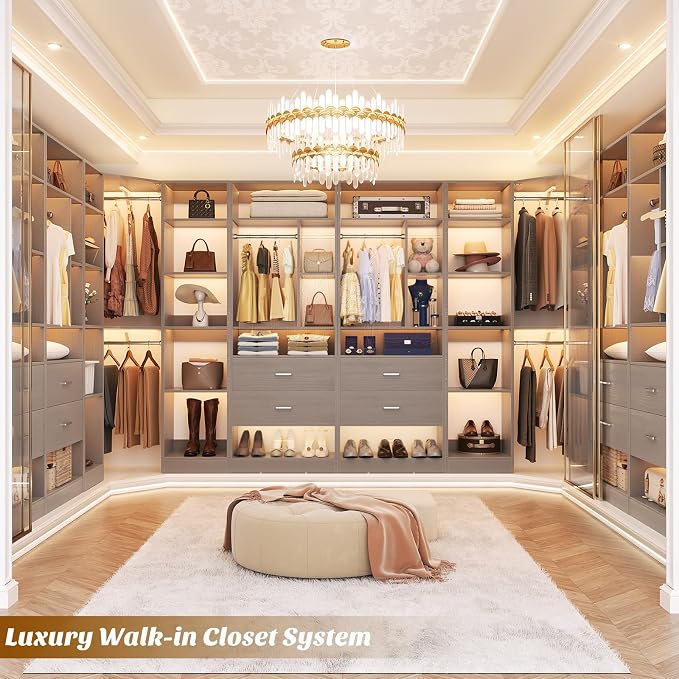 Besiost Large Corner Closet System with 3 Sets, 87.2" Closet Organizer System with 4 Drawers & 4 Hanging Rods, Reversible L Shaped Walk-in Closets, Load 2000+LBS, Grey (87.2" L x 39.2" W x 80" H)
