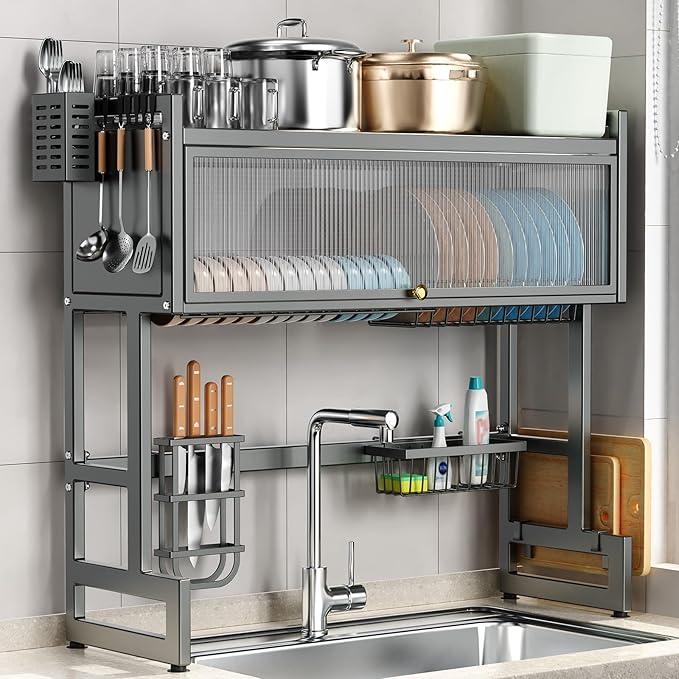 Over the Sink Dish Drying Rack 3 Tier with Dustproof Flip-Up Cover | Large Dish Drainer Storage Counter Organizer,Space-Saving Dish Rack for Dishes and Cutlery,Fits Sinks up to 36 Inches(Gray)