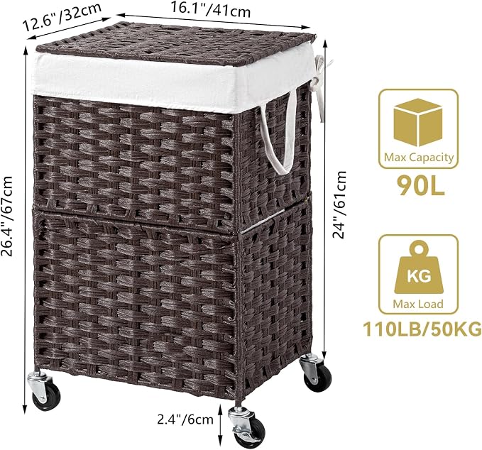 Chrislley Wicker Laundry Basket with Wheels,Rolling Laundry Hamper with Lid | 90L Slim Clothes Hamper with Wheels & Removable Liner Bag, Handwoven Rattan Laundry Organizer for Bedroom, Bathroom, Brown