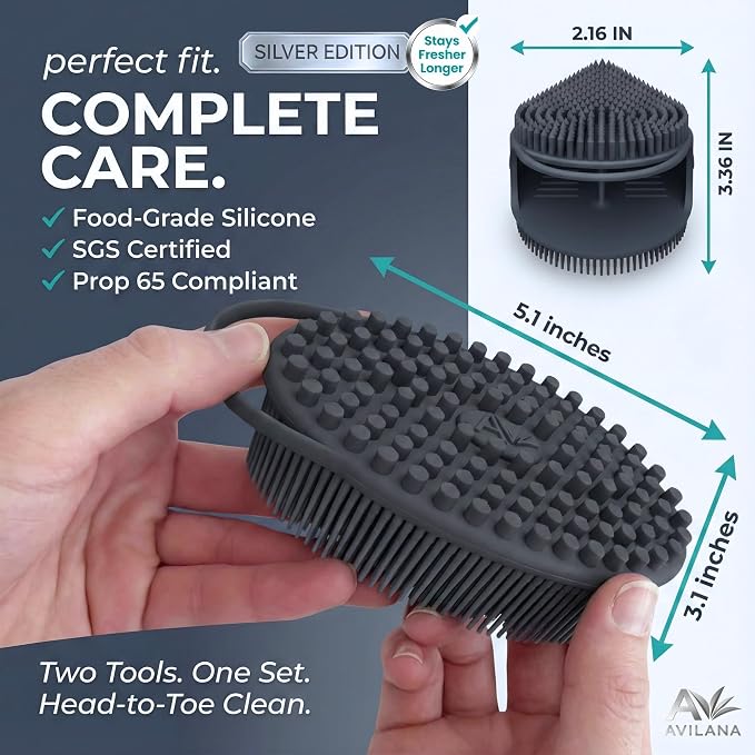 Avilana Silicone Body Scrubber for Shower – SGS Certified Food Grade Dual Sided Bath Brush, Gentle Exfoliating Silicone Loofah Alternative, Sensitive Skin Body Brush (Blue-Silver, Body & Face)