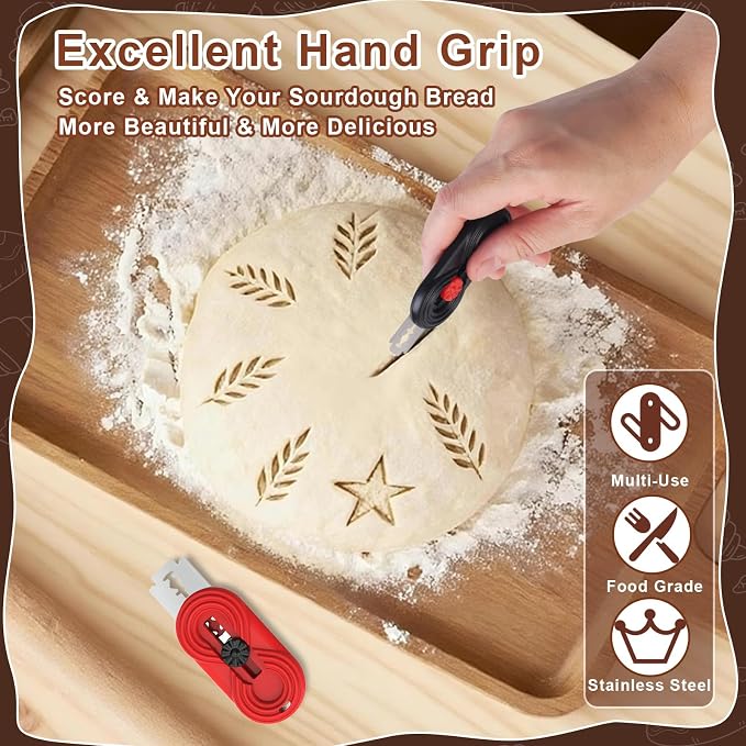 2PCS Sourdough Lame, Upgraded Magnetic Bread Lame with Retractable Anti-Slip Handle, Dough Scoring Tool & Bread Scoring Knife for Sourdough Baking, Includes 5 Razor Blades & 2 Finger