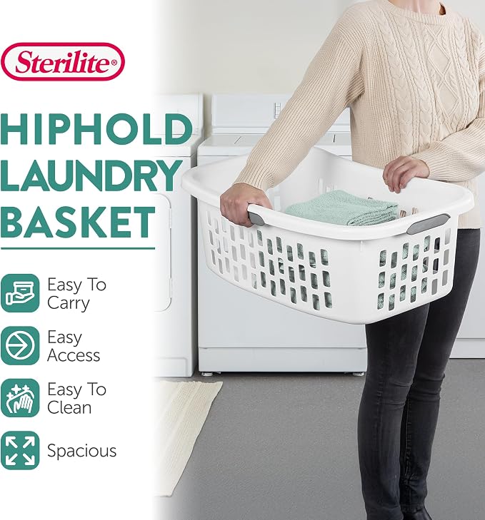 Sterilite 18 Pack HipHold Laundry Basket, Plastic Rectangle Clothes Hamper with Comfort Grip Handles & Reinforced Rim, 1.5 Bushel Capacity, White