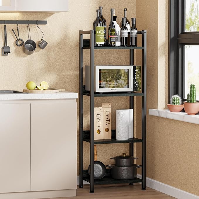 Furologee 4 Tier Bookshelf with Drawer, Small Narrow Bookcase, Wood and Metal Standing Shelf Unit, Industrial Display Storage Shelves Organizer for Bedroom, Living Room, Entryway, Black