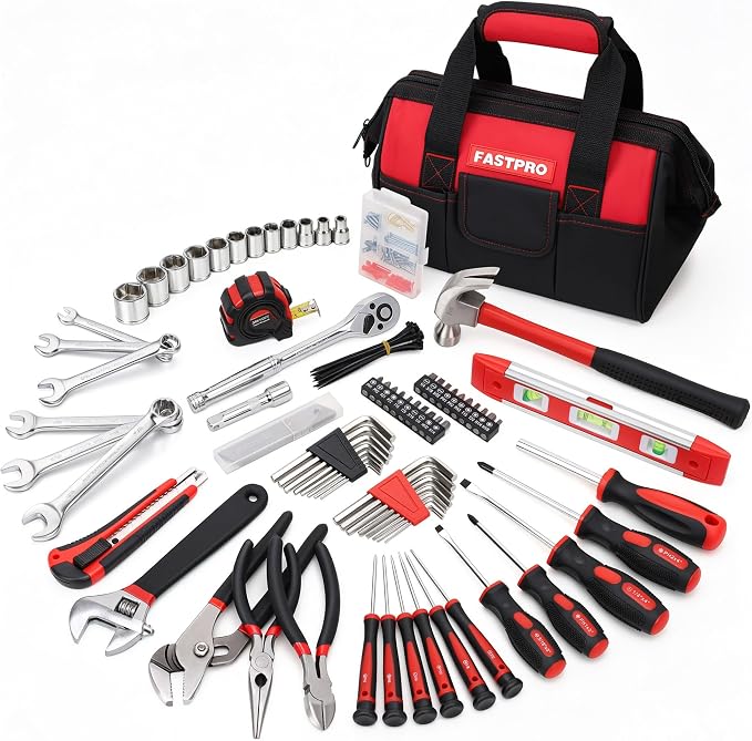 FASTPRO 236-Piece Home Repairing Tool Set, Mechanics Hand Tool Kit with 12-Inch Wide Mouth Open Storage Bag, Household Tool Set for DIY, Home Maintenance, Red