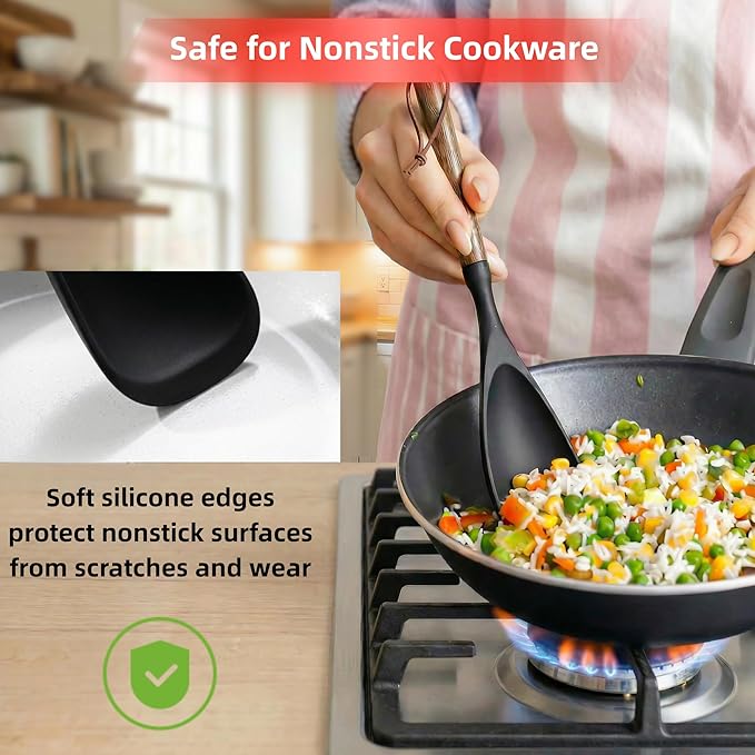 Silicone Spatula Cooking Spoon 2 Pcs with Wood Handle Great for Cooking and Serving Sturdy BPA-Free Matte Silicone Suitable for Mixing and Scrape (Black&White)