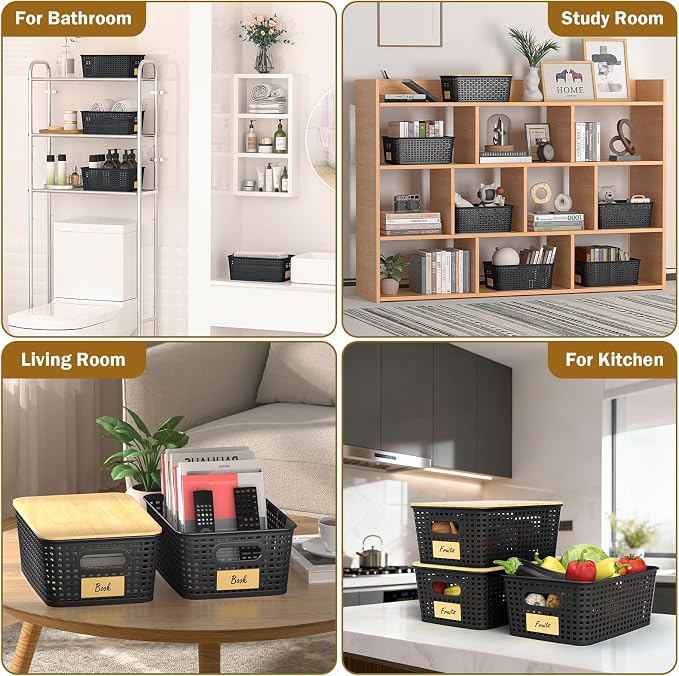 Stackable Storage Basket: Plastic Baskets Bins, Baskets for Organizing, Pantry Decorative Containers for Closets, Cabinets, Shelves(8 Pack, Black)
