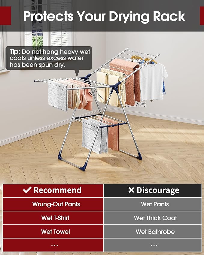 Sakugi Clothes Drying Rack, 55.5" Adjustable Wings, Foldable Design | Laundry Room, Bedroom, Outdoor & Indoor Use, Height Adjustable, Collapsible, Silver Blue, 55.5" L × 22.8" W