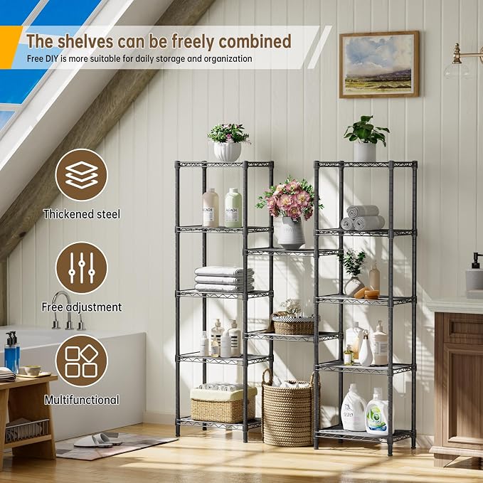 Golpart 6Tier Adjustable Storage Shelves Metal Wire Shelving Standing Shelf | Utility Heavy Duty Unit Rack Closet Organize for Home Kitchen Laundry Room Organization Pantry 10"Dx16"Wx63"H Black