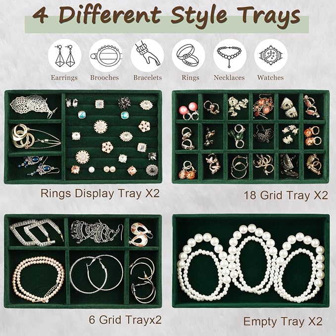 Jewelry Drawer Organizer, 8 Set of Stackable Velvet Organizer Tray, Drawer Inserts for Jewelry Organization, Showcase and Safely Store Your Collection with Elegance and Sophistication (Green)