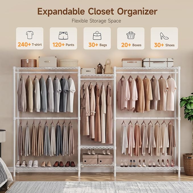 S3 Expandable Heavy Duty Clothes Rack, Freestanding Closet Organizer System | 5'8" to 8'3" Max Load 1200LBS Metal Garment Rack Portable Closet System with 4 Extendable Shelves & 4 Telescopic Rods White