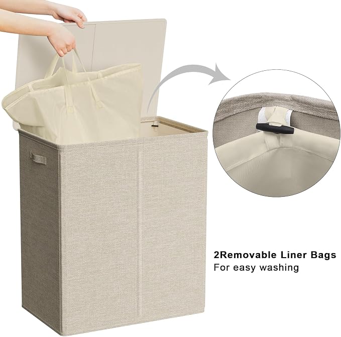 WOWLIVE 154L Double Laundry Hamper 2 Section with Lid and Removable Bags | Divided Laundry Basket, Large Dirty Clothes Hamper with Handle, Collapsible Laundry Storage for Dorm Room, College, Wheat