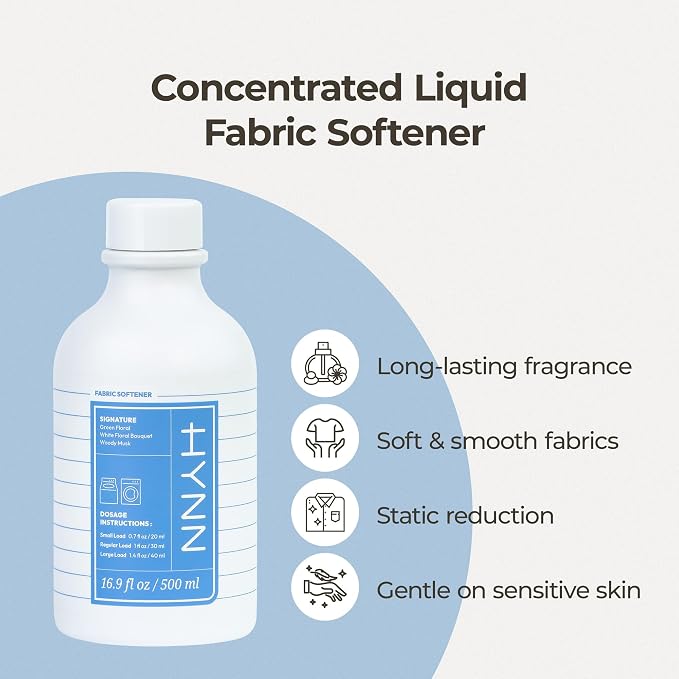 HYNN Liquid Fabric Softener, Gentle Formula, White Woody Musk, 16.9 Fl Oz | Hypoallergenic concentrated fabric softener for sensitive skin. Long-lasting scent with static control and wrinkle care.