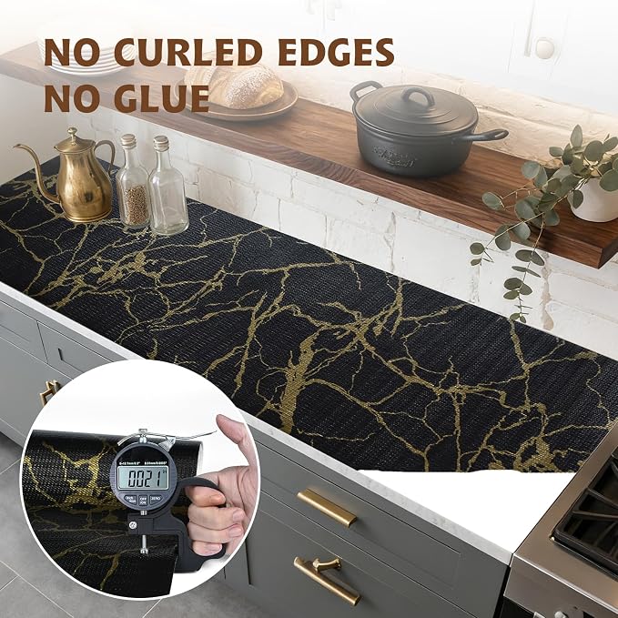 2-Layer Drawer and Shelf Liner for Kitchen Cabinet: 17in X 20Ft Non Slip | Waterproof Shelf Paper Non Adhesive Refrigerator Liners Black/Gold Marble Easy Liners for Bathroom with Knife Tape Measure